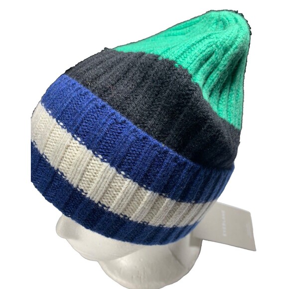 Everlane Beanie Unisex Cashmere Ribbed Knit Hat Navy Green Ivory NWT - Picture 1 of 4